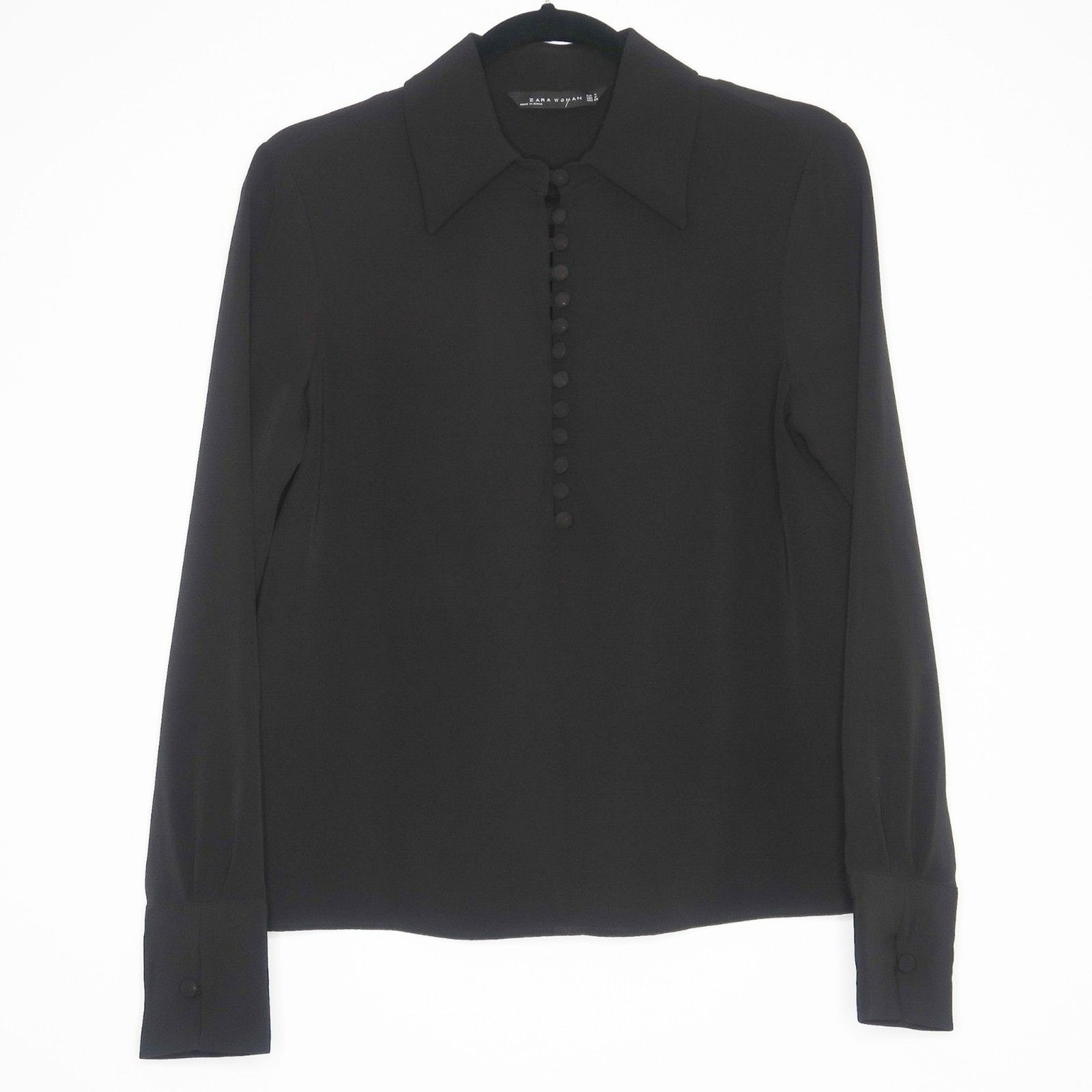 Zara Woman Blouse Size Medium Black Half Button Down V-Neck Collar Gothcore